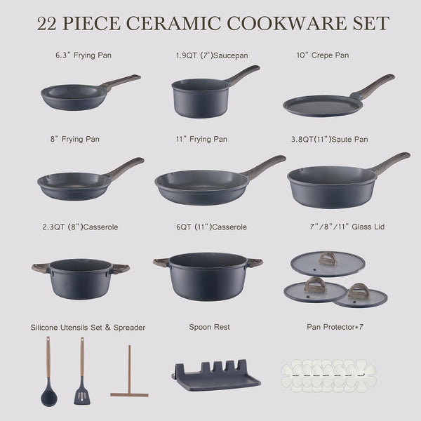 22Pcs Nonstick Pots and Pans Set, Ceramic Cookware Set Non Toxic | Pfas-Free Healthy, Induction Compatible, Dishwasher & Oven Safe, Space Saving, RV Camping Kitchen Cooking Set, Gray2