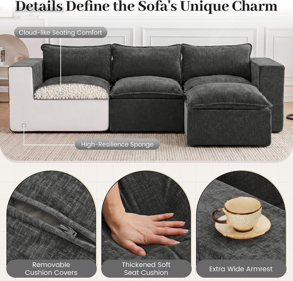 101" Boneless Cloud Sectional Couch for Living Room, Sectional L Shaped Sofa Couch with Ottoman, Modular Sleeper Sofa for Apartment，No Assembly, Dark Grey6