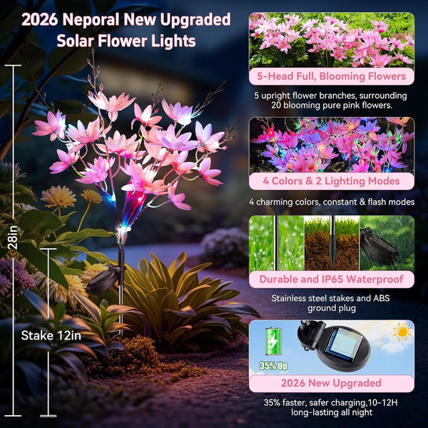 Solar Flowers Outdoor Waterproof IP65, 5-Head Snow Lotus with 20+ Flowers, 4-Color Light & 2 Lighting Modes, Decorative Solar Lights Outdoor Garden, Yard, Pathway, Flower Bed (6-Pack, Pink)3