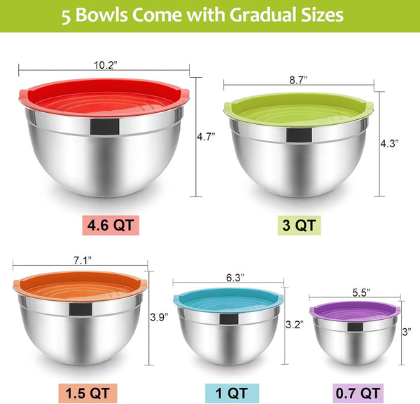 Mixing Bowls with Lids Set of 5, Stainless Steel Mixing Bowls Metal Nesting Bowls with Airtight Lids, Non-Toxic & Dishwasher Safe, Great for Cooking, Baking, Serving - Size 0.7/1/1.5/3/4.6QT3