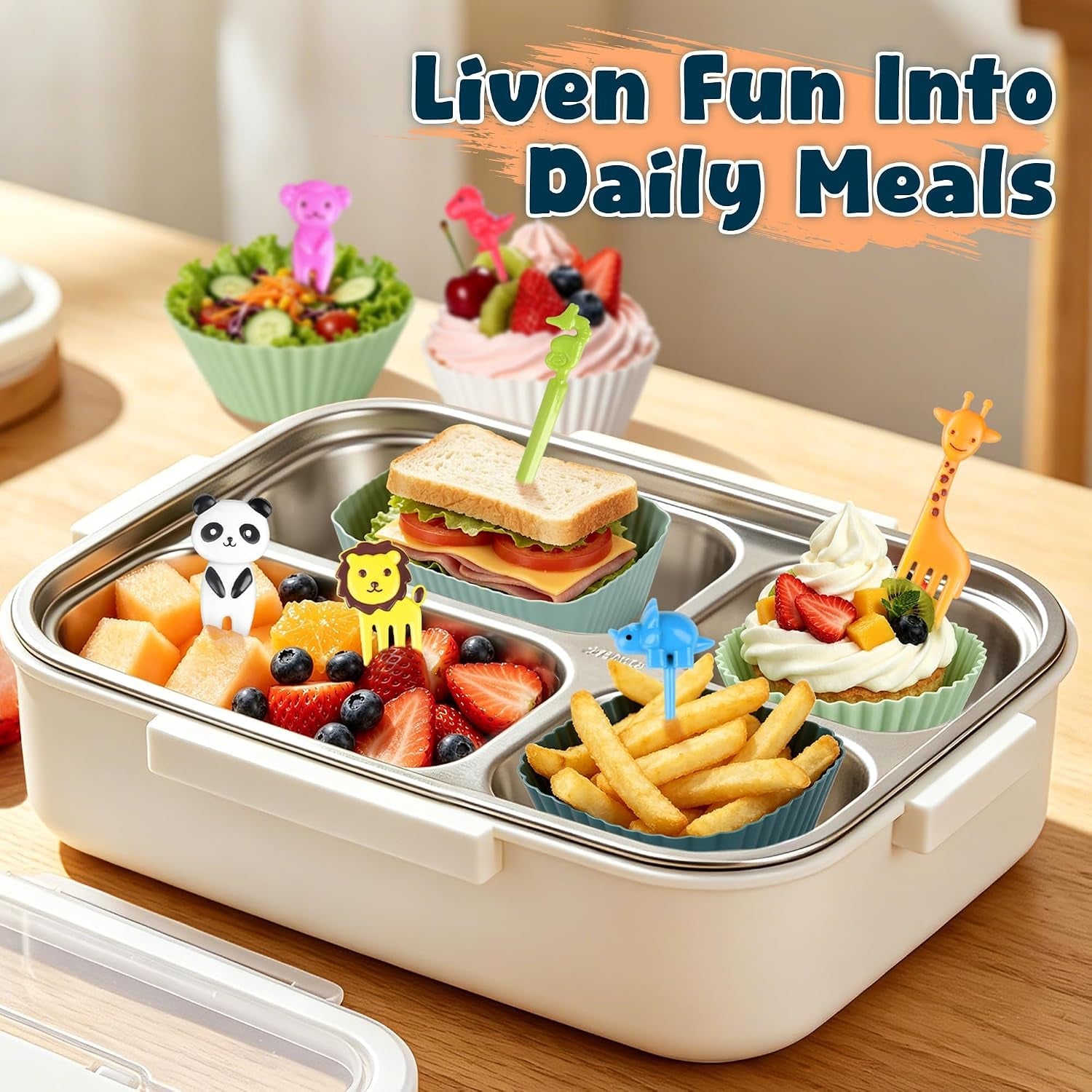 66pcs-silicone-lunch-box-dividers-cute-animal-food-picks-for-kids-20-reusable-silicone-cupcake-liners-muffin-baking-cups-46-fruit-toothpicks-school-lunchbox-bento-box-accessories-supplies