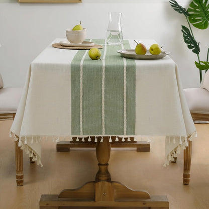 Outdoor Linen Tablecloth Square, Waterproof Cotton Boho Farmhouse Table Cloths with Tassel, Heavy Weight Wrinkle Free Table Cover for Picnic Camping Dining - 55 X 55 Inch, Sage Lines1