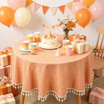 55" round Cotton Tablecloth Coral Gingham Table Cloth Linen6