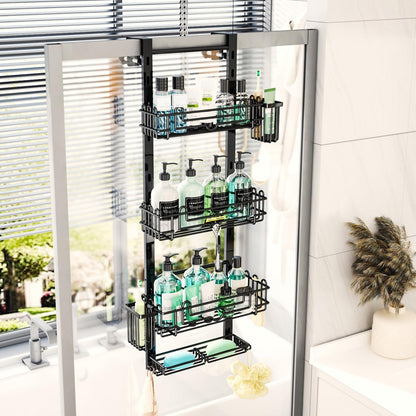 over the Door Shower Caddy - 4-Tier Hanging Shower Organizer with 22 Hooks and 2 Toothbrush Holders, No Drilling Adjustable Hanging Shelves for Bathroom - Black8