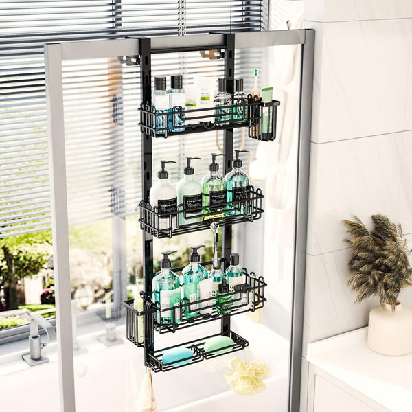 over the Door Shower Caddy - 4-Tier Hanging Shower Organizer with 22 Hooks and 2 Toothbrush Holders, No Drilling Adjustable Hanging Shelves for Bathroom - Black8