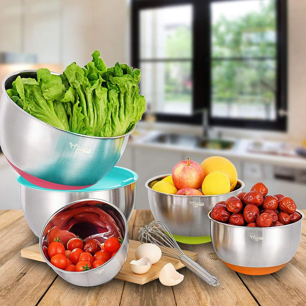 Mixing Bowls with Airtight Lids Set, 5PCS Stainless Steel Nesting Bowls for Kitchen, with Grater Attachments & Non-Slip Bottoms, Size 5, 3, 2, 1.5, 0.63 QT, for Baking & Serving (Colorful)4