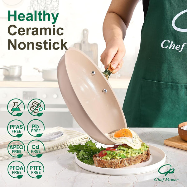 Ceramic Cookware Sets, 15Pcs Pots and Pans Set Non Stick, Cookware Set with Stainless Steel Handle, Dishwasher & Oven Safe, Taupe and Light Gold Handle3