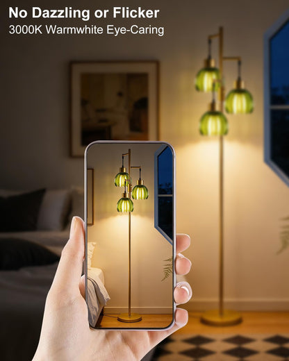 Glass Floor Lamp Green Lotus Flower Shade Dimmable Gold Floor Lamp | 3000K Bulbs Included 3-Light Modern Tall Floral Standing Lamp with 5Lbs Heavy Base for Living Room/Bedroom/Sofa Beside/Decor7