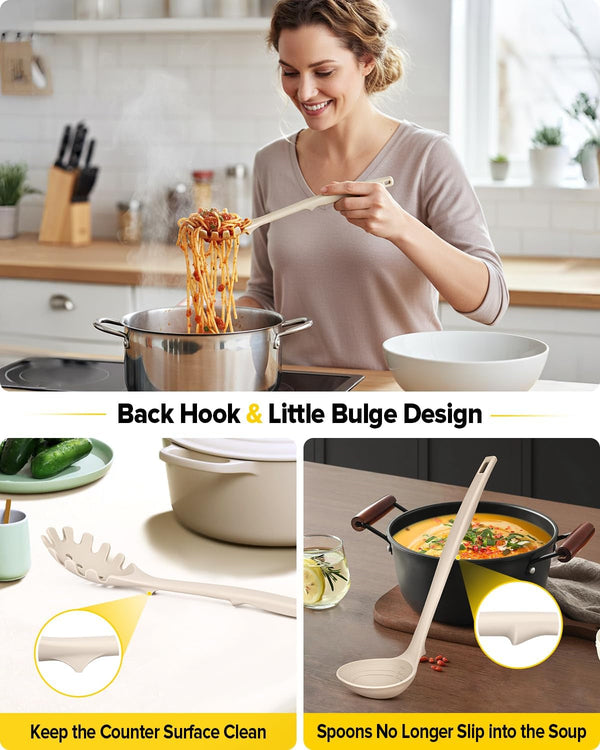 Silicone Pasta Fork and Soup Ladle Set, Heat Resistant Non Stick Kitchen Utensils with Back Hooks, Suitable for Cooking, Stirring, Serving Spaghetti, Soup, Sauce(Khaki)4