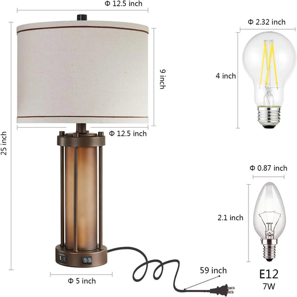 Set of 2 Farmhouse Table Lamps for Living Room with 2 USB Charging Ports | Vintage Rustic Nightstand Lamps with Amber Glass Nightlight, Retro Desk Lamps for Bedroom Entryway, 4 Bulbs Included (Brown)6