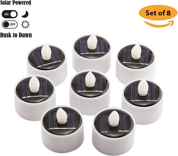 Solar Tea Lights Outdoor Waterproof, 8Pcs Rechargeable Dusk to Dawn Little Solar Votive Candles, Flameless Flickering Small Light for Lantern Window DIY Chandelier Patio Deck Garden Decor (Warm Amber)2