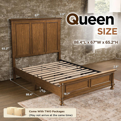 Solid Wood Queen Bed Frame, Traditional Wooden Platform Bed2