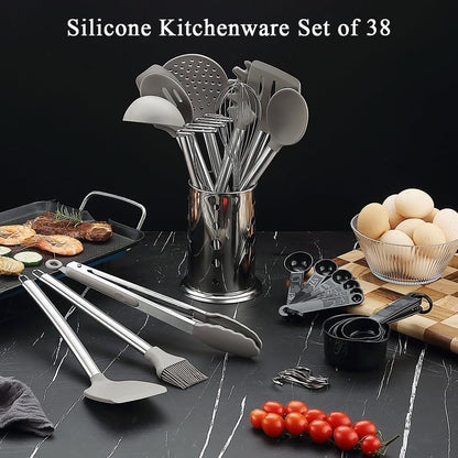 Kitchen Utensils Set,  38 Pieces Non-Stick Silicone Cooking Utensils Set, Spoon Spatula Set with Sturdy Stainless Steel Utensil Holder, Dishwasher Safe3