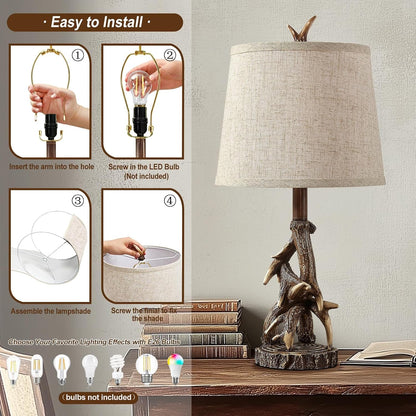 23'' Rustic Farmhouse Table Lamps Set of 2 Deer Antler Lamps for Bedroom Nightstand Lamp Western Cabin Side Lamp for Living Room End Table Study Room Desk,Brown5