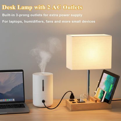 USB Table Lamp, Multi-Functional Desk Lamp with 2 AC Outlets, Bedside Lamp with 3 USB Charging Ports and Wooden Phone Stands, Nightstand Lamp for Bedroom, Livingroom, Office, Natural Wood6