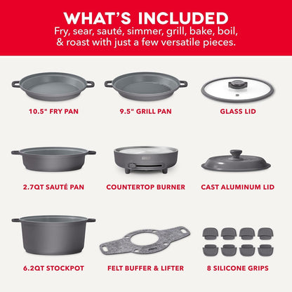 Stacks 16-Piece Ceramic Nonstick Cookware Set with Electric Burner, Pots and Pans Set, Stackable Nesting Kitchen Pots and Pans, Small Kitchen, Oven Safe, Forged Iron7