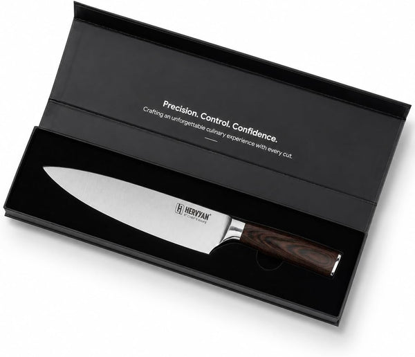 8 Inch Professional Chef Knife - Ultra Sharp German-Inspired Precision Blade High-Carbon Stainless Steel, Ergonomic Pakkawood Handle, Blade Guard and Gift Box for Home Cooks and Restaurants4