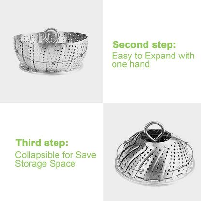 Stainless Steel Steamer Basket, Vegetable Steamer Basket for Instant Pot, Insert for Veggie/Seafood Cooking/Boiled Eggs with Safety Tool - Adjustable Sizes to Fit Various Pots (5.1" to 9.5")4