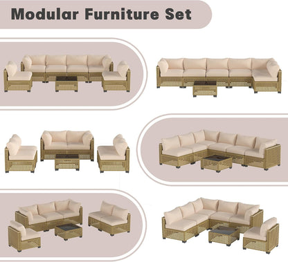 Patio Furniture Set, 7-Piece Outdoor Sectional Couch with Coffee Table & Thick Cushions, Outdoor Wicker Conversation Set for Backyard, Poolside, Garden (Yellow-White, 7 Piece-Single)5