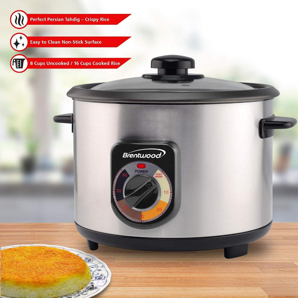 Crunchy Persian Rice Cooker, Stainless Steel (8-Cup Uncooked/16-Cup Cooke), Silver (TS-1216S) | 500W, 60-Min Timer to Auto-Warm, Tempered Glass Lid, Nonstick Pot, Measuring Cup and Paddle2