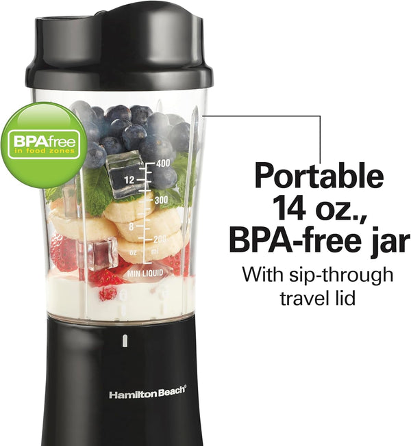 Portable Blender for Smoothies with 14 Oz. Travel Jar | BPA Free Jar & Lid | Durable Stainless Steel Blades | 300 Watts Peak Power | Personal Smoothie Blender | Black | 51101AG7
