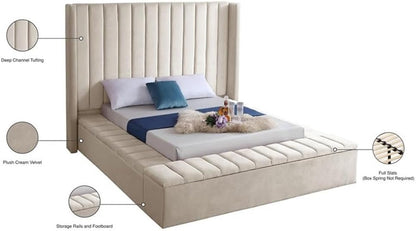 Meridian Furniture Kiki Collection Modern | Contemporary Velvet Upholsterd Bed with Channel Tufting, Siderails and Footboard Storage Compartments, King, Cream10