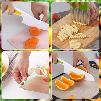 8 Pcs Wooden Kitchen Knife Set for Kids - Includes Safe Knives, Serrated Plastic Knives, Potato Slicers, Sandwich Cutter, Peeler and Cutting Board6