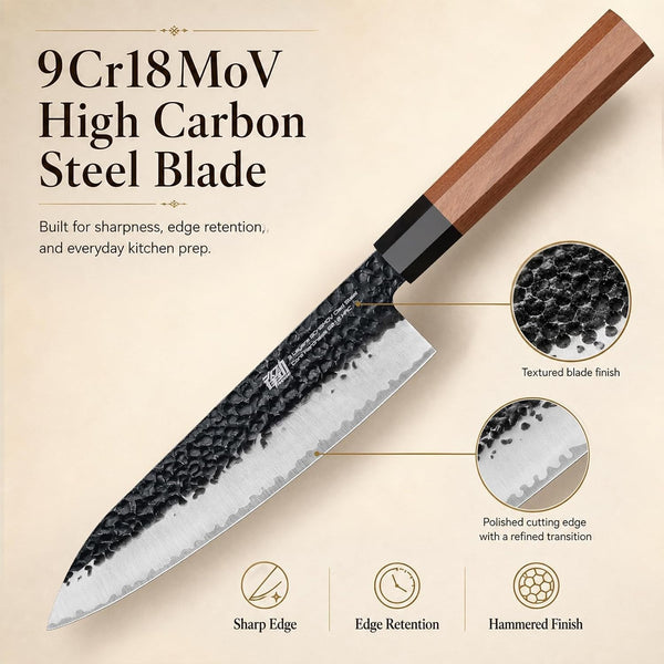 Kitchen Knife Set with Individual Wooden Blocks, 4 Japanese Knives with Walnut Edge Guards, High Carbon Steel Blades, for Meat, Fruits, Vegetables, Dynasty Series3