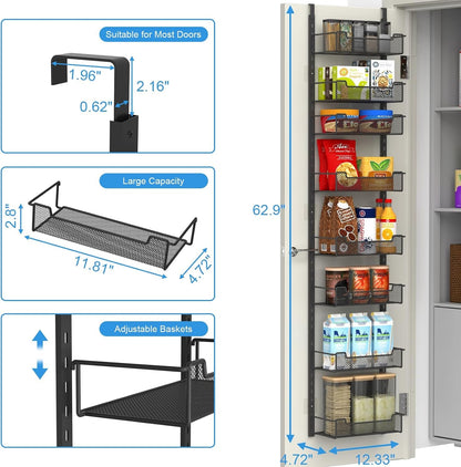 12.3" W Narrow over the Door Pantry Organizer, 8-Tier over the Door Organizer with Adjustable Basket, Pantry Door Organization for Pantry Kitchen Storage Room Spice Rack, Black3