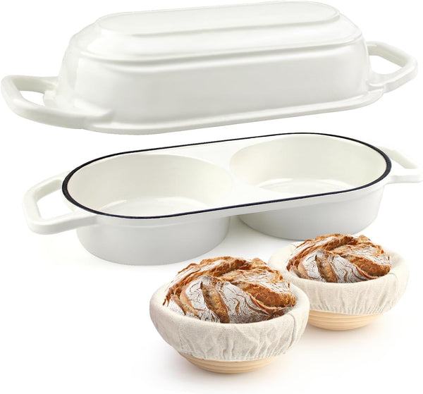 Mini Double Dutch Oven with Lid for Sourdough Bread Baking (White) | Enameled Cast Iron Pot with Lid, 5" Banneton Bread Proofing Basket Include, Dual round Bread Loaf Pan for Homemade Baking1