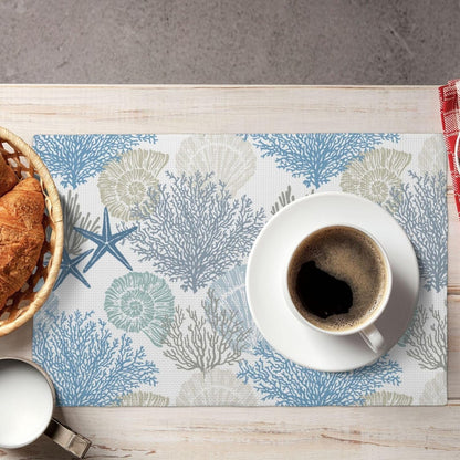 Blue Nautical Placemats Set of 4 Summer Starfish Seashell Coral Table Place Mat Non-Slip Heat Resistant Linen Beach Coastal Place Mats for Home Kitchen Dining Table, 12"X18"5