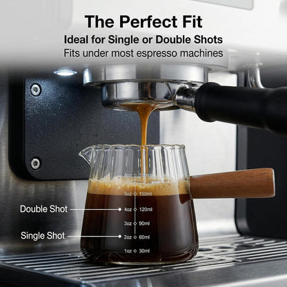 6 Oz Espresso Cups with Wood Handle, Espresso Accessories, Ribbed Milk Frothing Pitcher, Glass Measuring Cup, Shot Glass with V-Shaped Mouth, Coffee Bar Epresso Shots Cup2