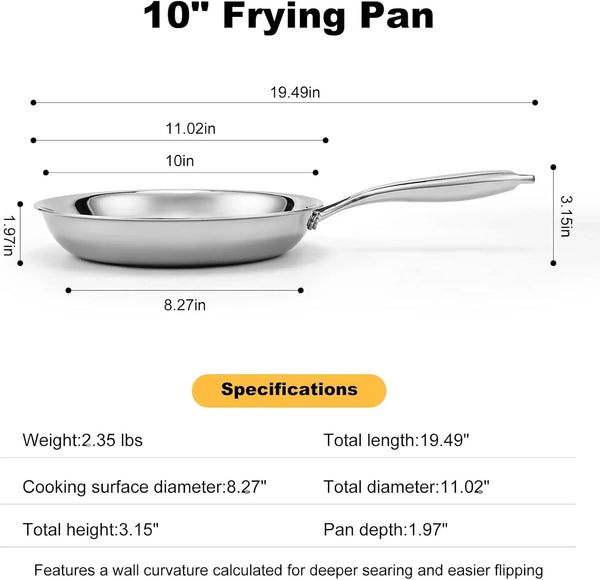 Tri-Ply Stainless Steel Frying Pan 10 Inch，Non-Toxic PFAS, PFOA & PTFE Free, Compatible with All Cooktops & Induction Safe, Oven Safe Pan for Searing & Sautéing4