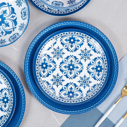 Melamine Dinnerware Set -12Pcs Outdoor and Indoor Plates and Bowls Set ,Service for 4, Dishwasher Safe, Blue Flower5