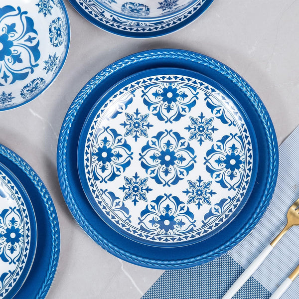 Melamine Dinnerware Set -12Pcs Outdoor and Indoor Plates and Bowls Set ,Service for 4, Dishwasher Safe, Blue Flower5
