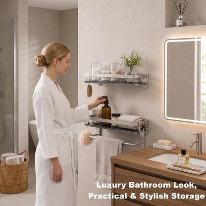 Glass Shelf for Bathroom 15.7 in Bathroom Shelves with Towel Bar Tempered Glass Shelves with 4 Removable Hooks for Wall（2 Tier）3