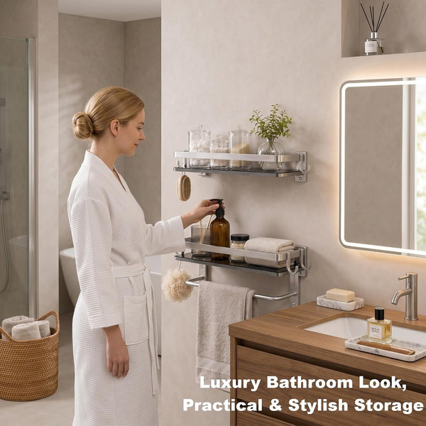 Glass Shelf for Bathroom 15.7 in Bathroom Shelves with Towel Bar Tempered Glass Shelves with 4 Removable Hooks for Wall（2 Tier）3