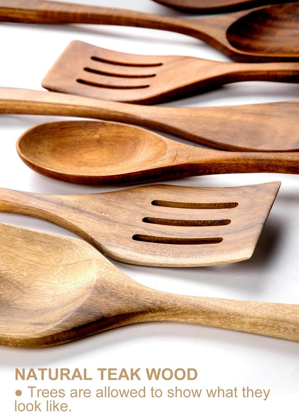 Wooden Cooking Utensils Set with Ceramic Holder,Teak Wood Utensils 10Pcs7