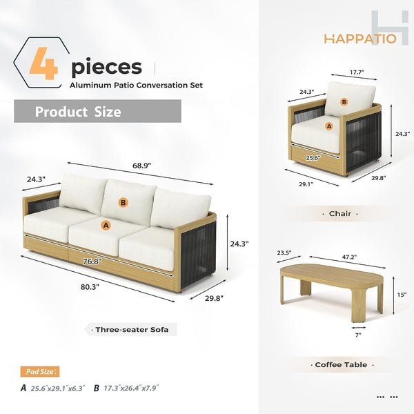 Aluminum Patio Furniture Set, 3 Pieces Wood-Like Oversized 3-Seat Sofa Conversation Set with Thick Cushion, Curved Tub Design with Woven Rope Accents for Garden, Backyard, Poolside8