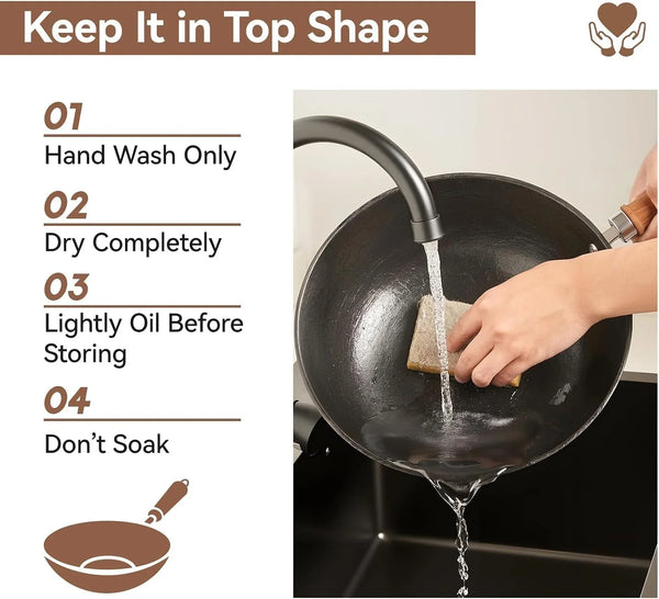 9.5 Inch Small Cast Iron Wok with Lid - Handcrafted Tortoise Shell Texture Uncoated Stir Fry Pan, Flat Bottom Wok for Electric, Induction & Gas Stoves, 2.5 Quart (Requires Seasoning)6