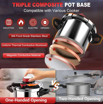 3-In-1 304 Stainless Steel Pressure Cooker 8 QT: [Save 70% Time] | [3 PSI Settings], One-Hand Locking Pressure Canner, Induction Compatible Olla De Presion, Glass Lid & Steamer Rack Included4
