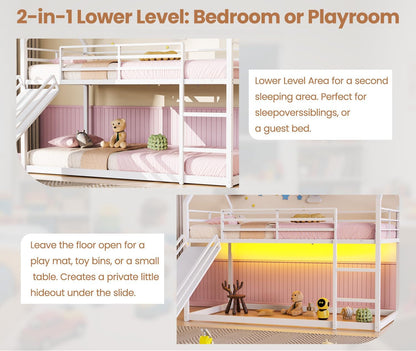 Twin over Twin Bunk Bed with Slide,40° Gentle-Slope & LED Light, White6