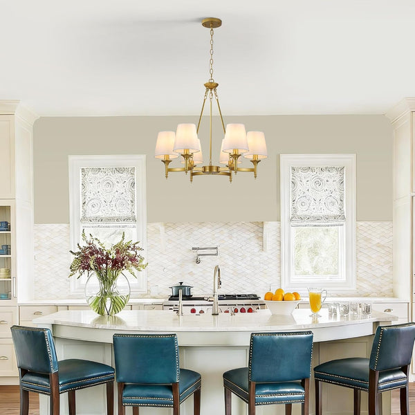Gold Farmhouse Chandelier, 27.2" 6-Light round Pendant, White Fabric Shades2