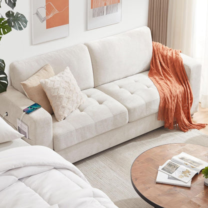 Modern Sofa 2-Seater Couches for Living Room, Chenille Sofas with Extra Large Seat Width & Depth, Usb/Type-C Charging Port & Side Pocket, Removable Medium Firm Sofa Cushion(89Inch, Beige)1