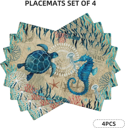 Nautical Placemats Set of 4, Ocean Coast Beach Theme Washable Non-Slip Heat Resistant Place Mats, Sea Turtle Seahorse Summer Linen Decoration Dinner Mat for Kitchen Dinner Party Decor7