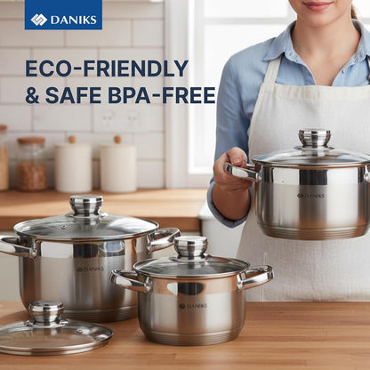 Standard 6-Piece Stainless Steel Cookware Set with Glass Lid, Tri-Ply Bases for Even Heating, Induction Compatible, Dishwasher Safe, Built-In Measuring Scale, Silver8