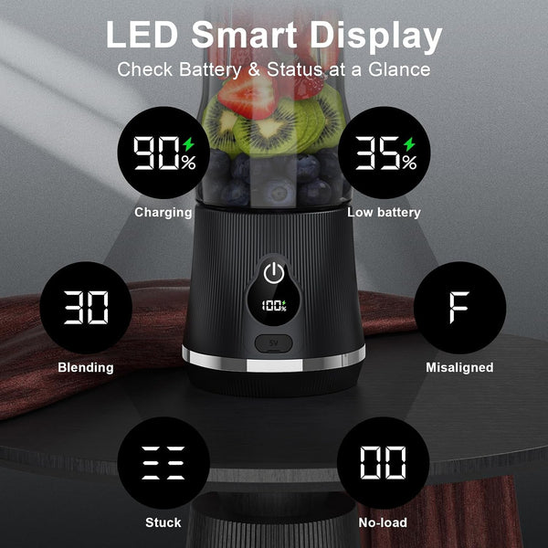 Portable Blender for Smoothies & Shakes, 17Oz Personal Blender with 6 Stainless Steel Blades, USB-C Rechargeable, LED Display, Compact Travel Juicer with Extra Lid for Gym, Office & On-The-Go, Black3