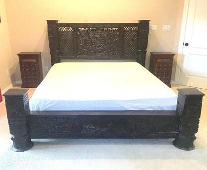 Carved Wooden Lotus Pillar Bed, Hand Crafted from Solid Mahogany Wood, Standard King6