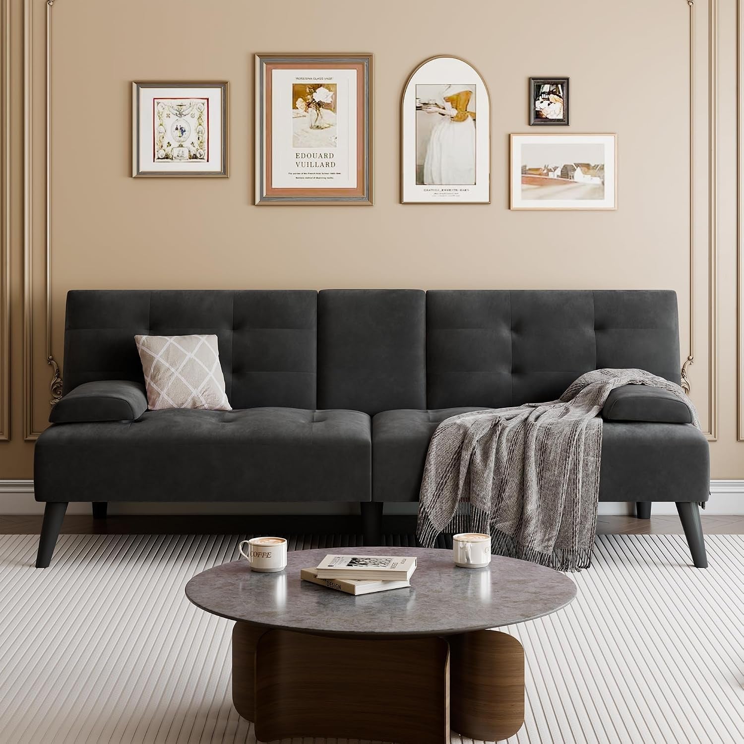 64-futon-sofa-bed-loveseat-2-cup-holders-black