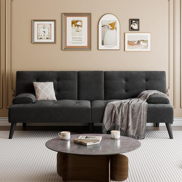 64" Futon Sofa Bed, Loveseat, 2 Cup Holders, Black3